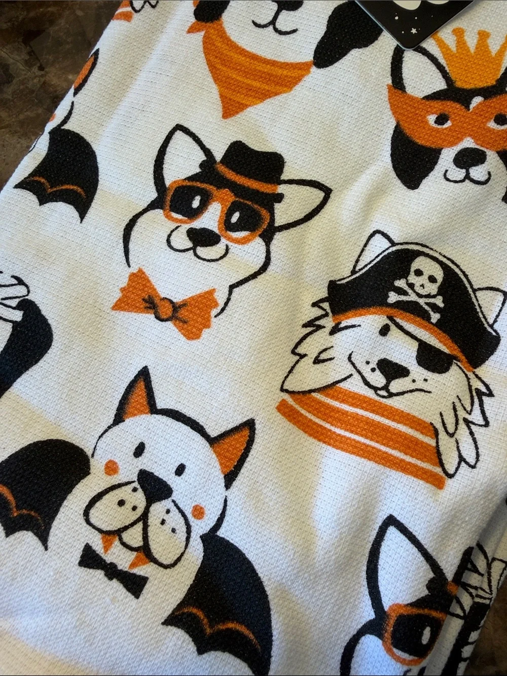 Halloween Dog Print Kitchen Towels - Orange & Black on White